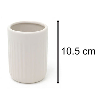 White Ceramic Toothbrush Holder | Ribbed Bathroom Tumbler Storage Cup - 11cm
