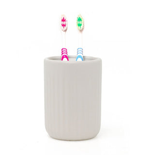 White Ceramic Toothbrush Holder | Ribbed Bathroom Tumbler Storage Cup - 11cm