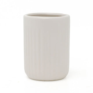 White Ceramic Toothbrush Holder | Ribbed Bathroom Tumbler Storage Cup - 11cm