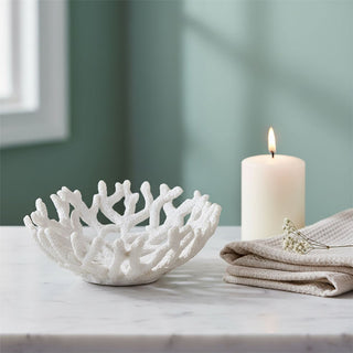 White Coral Decorative Bowl, 21cm Resin Nautical Sea Coral Centrepiece Ornament