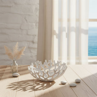 White Coral Decorative Bowl, 21cm Resin Nautical Sea Coral Centrepiece Ornament