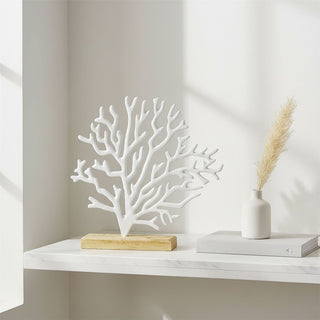 White Coral Ornament Wooden Base, 25cm Metal Nautical Coastal Decor Sculpture
