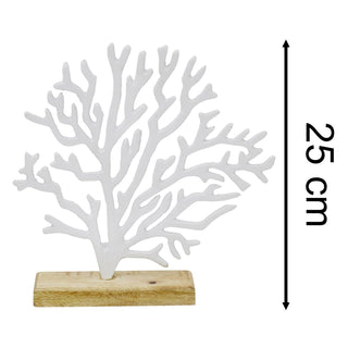 White Coral Ornament Wooden Base, 25cm Metal Nautical Coastal Decor Sculpture