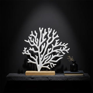 White Coral Ornament Wooden Base, 25cm Metal Nautical Coastal Decor Sculpture