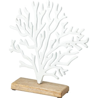 White Coral Ornament Wooden Base, 25cm Metal Nautical Coastal Decor Sculpture