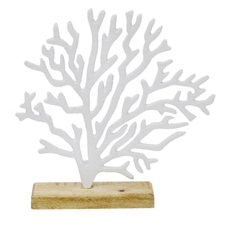 White Coral Ornament Wooden Base, 25cm Metal Nautical Coastal Decor Sculpture