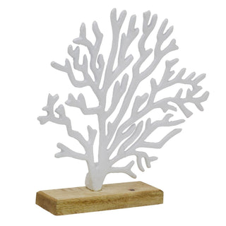 White Coral Ornament Wooden Base, 25cm Metal Nautical Coastal Decor Sculpture