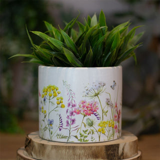 White Floral Plant Pot | Decorative Botanical Terracotta Cachepot Planter - 10cm