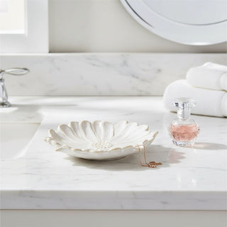 White Flower Trinket Dish, 13cm Ceramic Daisy Shaped Jewellery Dish Ring Holder