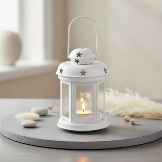 White Moroccan Tealight Lantern, 14.5cm Indoor Outdoor Metal Hanging Candle Holder