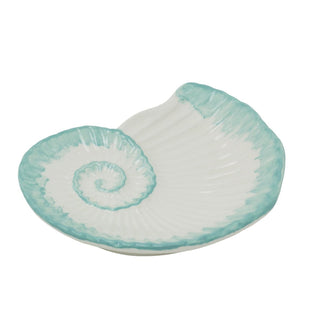 White & Turquoise Ammonite Trinket Dish | 20cm Nautical Ceramic Fossil Tray