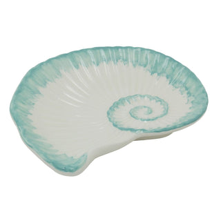 White & Turquoise Ammonite Trinket Dish | 20cm Nautical Ceramic Fossil Tray