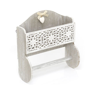 White Washed Carved Kitchen Roll Holder And Storage Shelf | Kitchen Paper Towel Storage With Shelf | Wooden Wall Mounted Kitchen Roll Unit