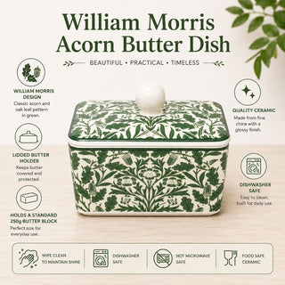 William Morris Acorn Butter Dish, 14cm Green Fine China with Removable Lid