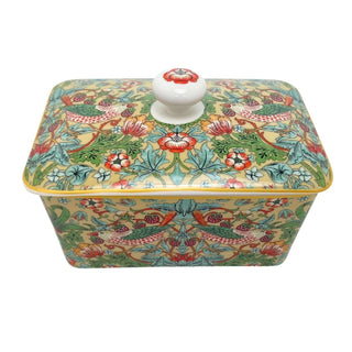 William Morris Strawberry Thief Butter Dish, Fine China Butter Dish with Lid
