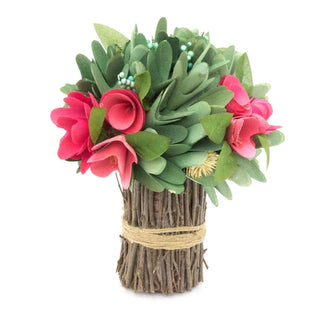 Wood Curl Faux Pink Rose Floral Bouquet | Wooden Artificial Flower Posy | Floral Spray Fake Flower Arrangement Spray