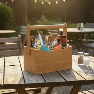 Wooden Cutlery Holder, Storage Caddy with 4 Compartments for Cutlery Napkins