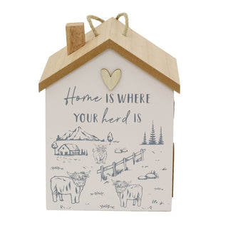 Wooden House Door Stop | 19cm House Shaped Wooden Highland Cow Doorstop