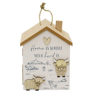 Wooden House Door Stop | 19cm House Shaped Wooden Highland Cow Doorstop