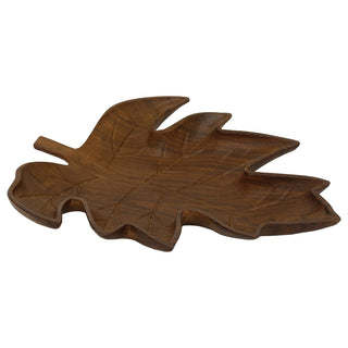 Wooden Leaf Trinket Tray, 33cm Brown Carved Jewellery Catch-All Dish