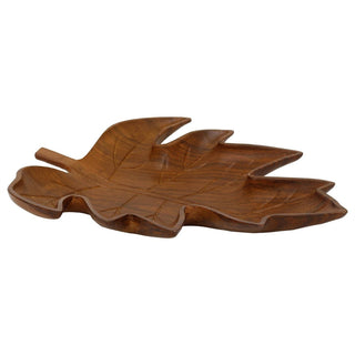 Wooden Leaf Trinket Tray, 33cm Brown Carved Jewellery Catch-All Dish