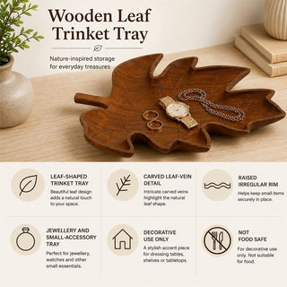 Wooden Leaf Trinket Tray, 33cm Brown Carved Jewellery Catch-All Dish