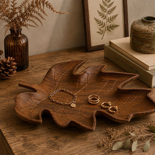 Wooden Leaf Trinket Tray, 33cm Brown Carved Jewellery Catch-All Dish