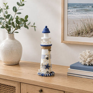 Wooden Lighthouse Ornament, 27.5 cm Coastal Decor with Rope and Starfish
