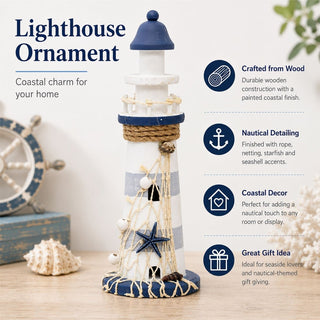 Wooden Lighthouse Ornament, 27.5 cm Coastal Decor with Rope and Starfish
