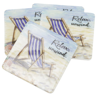 Wooden Set of 4 Nautical Drinks Coasters, 10 cm Epoxy Finish Deckchair Design