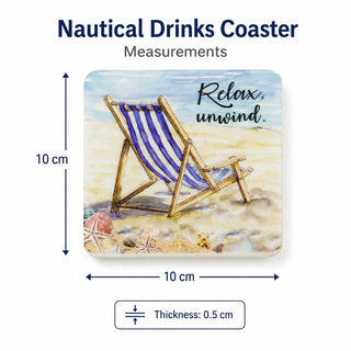 Wooden Set of 4 Nautical Drinks Coasters, 10 cm Epoxy Finish Deckchair Design