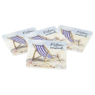 Wooden Set of 4 Nautical Drinks Coasters, 10 cm Epoxy Finish Deckchair Design