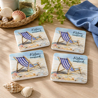 Wooden Set of 4 Nautical Drinks Coasters, 10 cm Epoxy Finish Deckchair Design