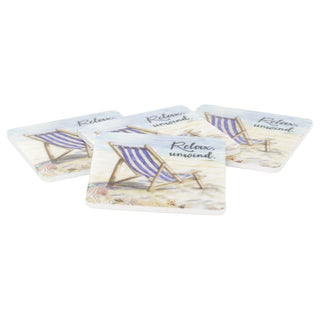 Wooden Set of 4 Nautical Drinks Coasters, 10 cm Epoxy Finish Deckchair Design
