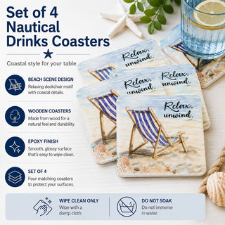 Wooden Set of 4 Nautical Drinks Coasters, 10 cm Epoxy Finish Deckchair Design