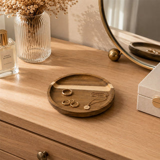 Wooden Trinket Tray, 15cm Round Rustic Trinket Dish in Natural Wood