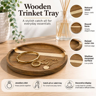 Wooden Trinket Tray, 15cm Round Rustic Trinket Dish in Natural Wood
