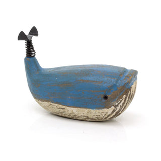 Wooden Whale Ornament | Distressed Nautical Blue Whale Figurine Statue - 11cm