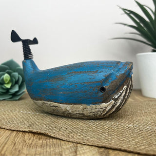 Wooden Whale Ornament | Distressed Nautical Blue Whale Figurine Statue - 11cm