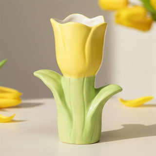 Yellow Tulip - Shaped Vase, 20cm Ceramic Vase for Flowers, Decorative 3D Tulip Vase