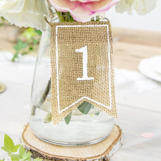 1-20 Jute Hessian Table Number Flags Banners | Vintage Wedding Table Numbers Tags | Rustic Wedding Decorations