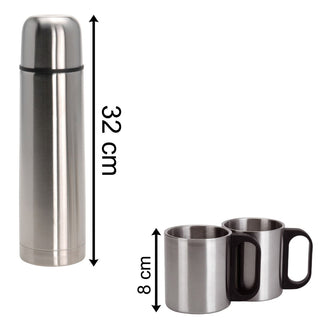 1 Litre Stainless Steel Thermos Flask With 2 Handled Drinks Cups | Double Walled Insulated Vacuum Flask | Hot Cold Drinks Hydro Flask With Cups