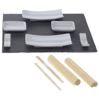 11 Piece Japanese Style Sushi Serving Set | 2 Person Sushi Ceramic Dinnerware Set And Chopsticks | Traditional Slate Serving Platter For Sushi - Sushi Gifts