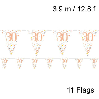 12.8ft Holographic Happy 30th Birthday Bunting | 11 Pennant Flags Triangle Rose Gold Happy Birthday Bunting | Happy Birthday Sign Rose Gold Birthday Decorations