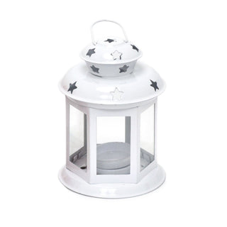 13cm Metal Lantern Tealight Holder | Hanging Outdoor Indoor Tea Light Lantern | Star Tealight Candle Holder - White