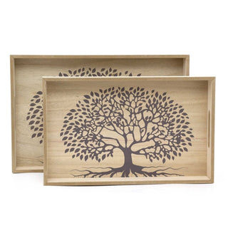 2-piece Tree Of Life Wooden Serving Trays | Set Of 2 Storage Trays With Handles