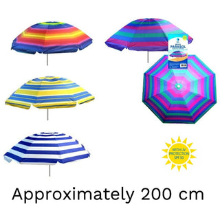 200cm Beach Umbrella Sun Shade UV50 Protection | 2m Protective Beach Parasol | Holiday Travel Beach Umbrella - Colour Varies One Supplied
