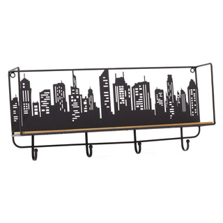 50cm City Skyline Wall Mounted Wooden Display Shelf With Hooks | Industrial Black Metal Storage Shelf | Urban Cityscape Wall Shelf