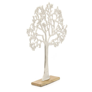 63cm Elegant Silver Tone Tree Of Life Sculpture | Extra Large Silver Metal Tree Ornament On Wooden Base | Aluminium Family Tree Wood Stand