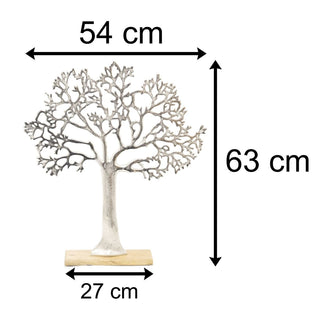 63cm Elegant Silver Tone Tree Of Life Sculpture | Extra Large Silver Metal Tree Ornament On Wooden Base | Aluminium Family Tree Wood Stand